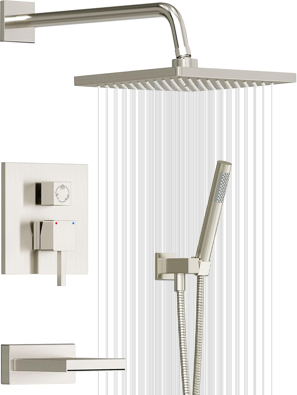 Esnbia Shower System with Tub Spout, Wall Mounted Bathtub Shower Faucet Set, 10 Inch Rain Shower Head and Handheld Shower Head Set, High Pressure Tub Shower Kit with Shower Valve, Brushed Nickel