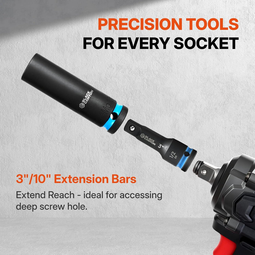 BLACK CANYON 87-Piece 1/2' Drive Impact Socket Set, SAE & Metric Deep & Shallow Sockets, 6-Point Cr-Mo Impact Grade Steel, Extension Bars, Universal Joint & Storage Case for Automotive Repair