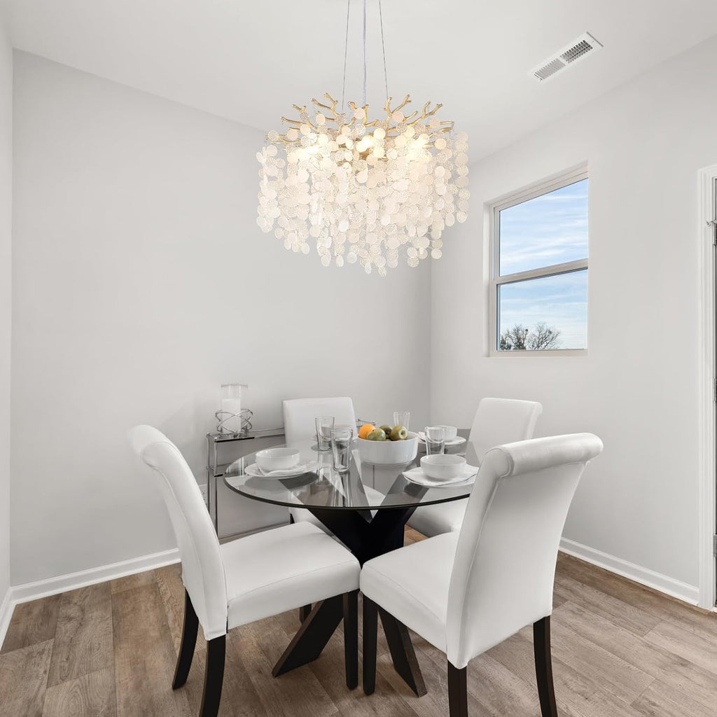 18-Inch Coastal Chandelier, 6-Light Gold Tree Branch Chandelier, Modern Foyer Bedroom Chandeliers with Adjustable Height, Round Crystal Pendant Light Fixtures for Entryway Dining Room, E12