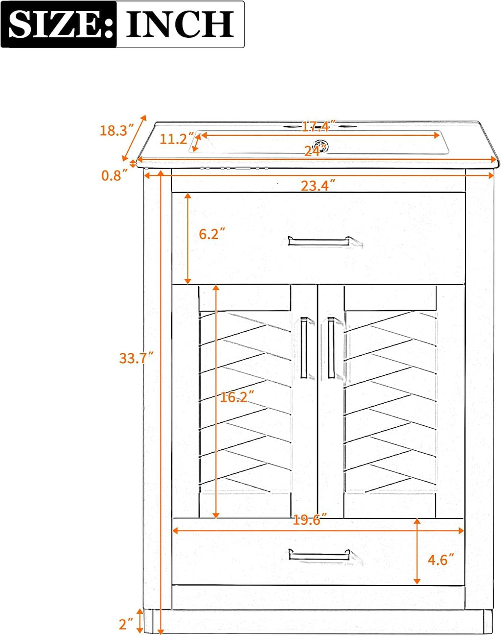 24 Inch Dark Blue Bathroom Vanity with Sink & Integrated Countertop,Freestanding Single Bathroom Vanity with Gold Handles,Tip-Out Tray & Bottom Drawer,Soft Closing Doors,Herringbone Front