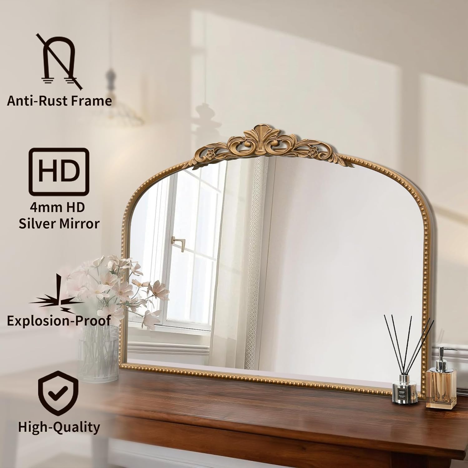 Micasso Vintage Wall Gold Mirror: 32'x24' French Baroque Antique Mirror - Traditional Ornate Decorative Arched for Wall/Bathroom/Entryway/Fireplace/Hallway - Home Decor for Living Room