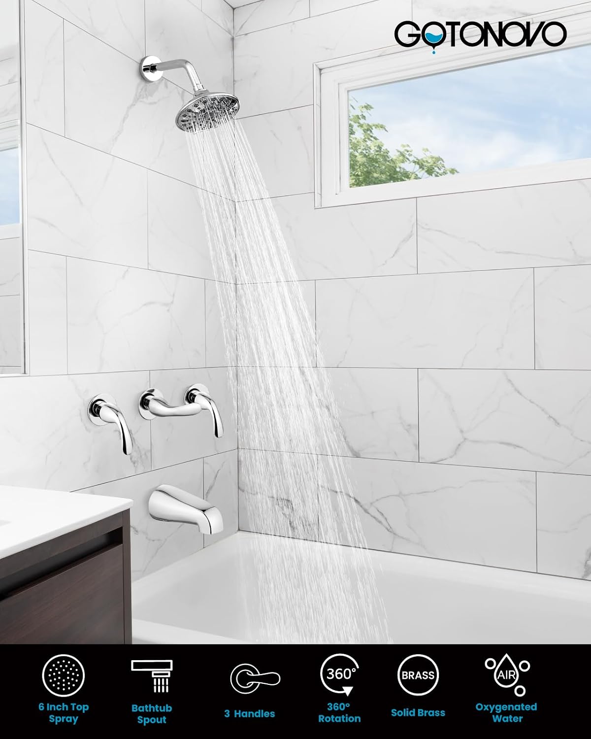 gotonovo 3 Handle Tub Shower Faucet Set, Bathtub Shower Fixture,Bathroom Tub and Shower Faucet Combo Shower System Complete Tub and Shower Trim Kit with 6 Settings Showerhead Polished Chrome