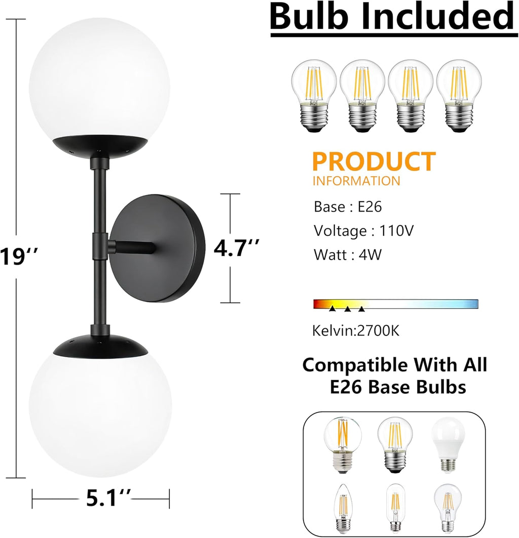 KoKo&Yukina 2 Pack Matte Black Interior Vanity Light Fixtures Mid Century Modern Bathroom Vanity Light Globe Sconce Vanity Lights with Clear Glass for Bathroom (Bulb Incl.)
