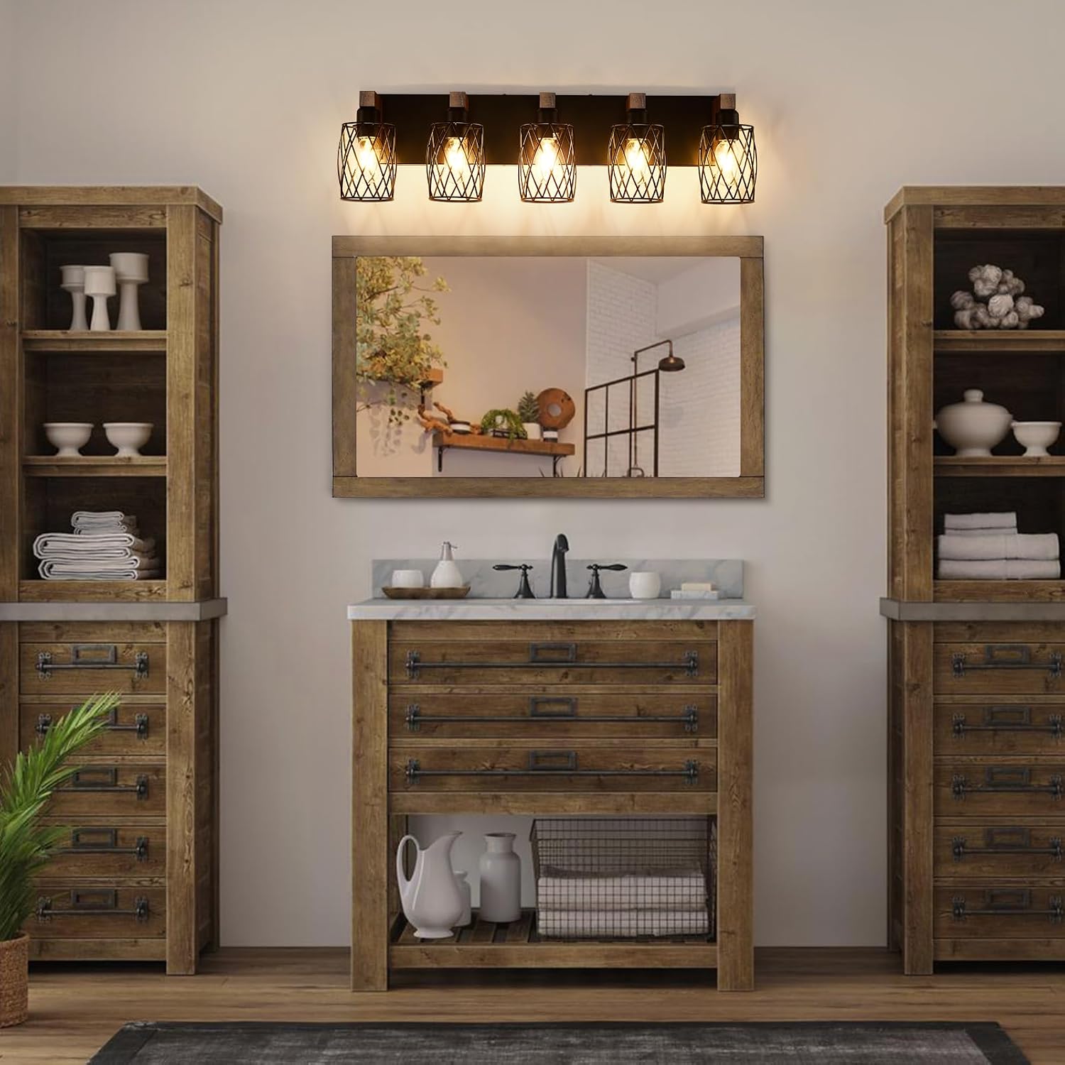 5-Light Farmhouse Bathroom Vanity Light, Wood Bathroom Lighting Fixtures Over Mirror, Black Vanity Light Fixtures with Cage Metal Shade, Rustic Bathroom Light with E26 Base