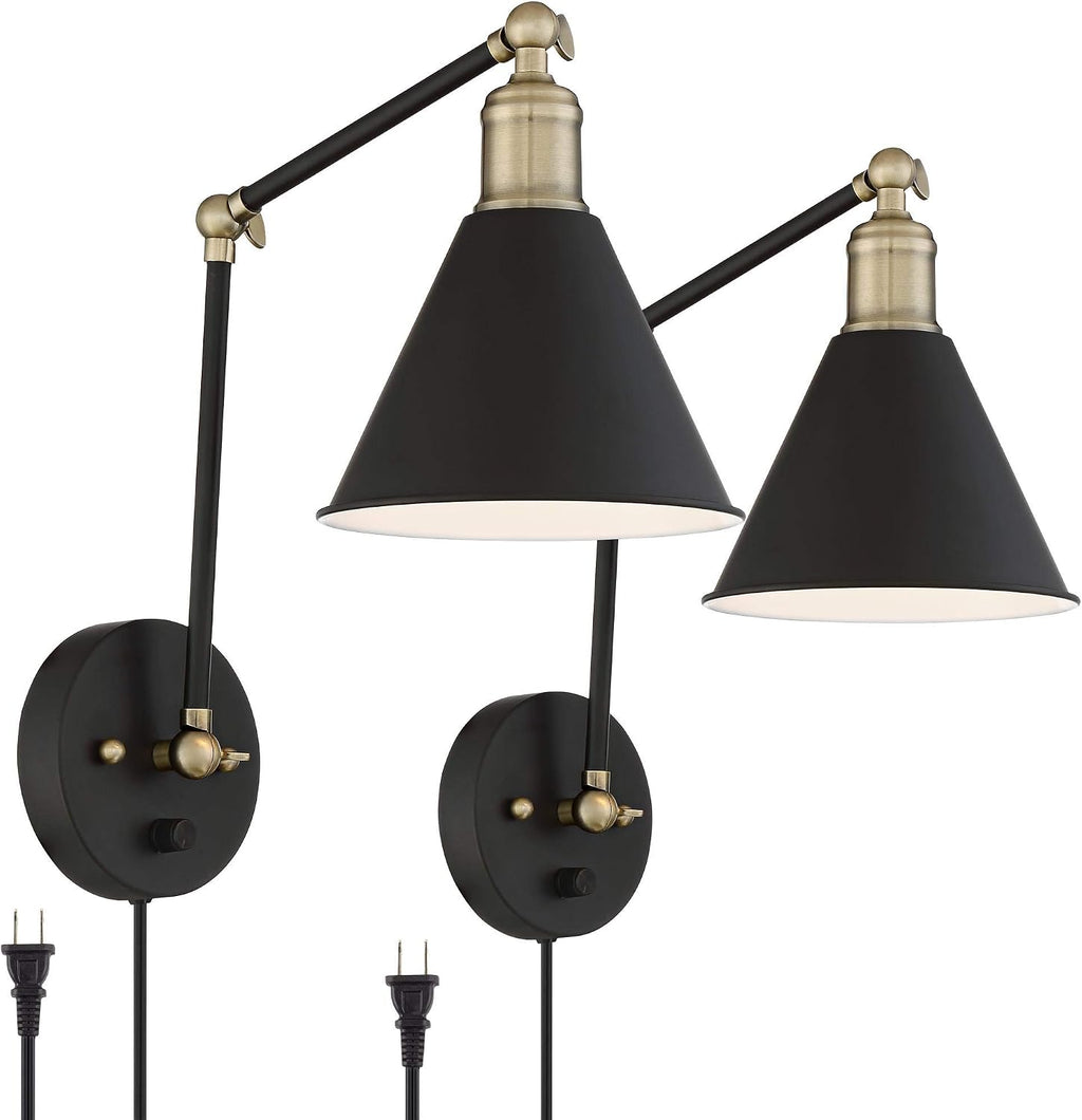 360 Lighting Wray Modern Indoor Adjustable Swing Arm Wall Lamp with Cord Set of 2 Black Antique Brass Plug-in Light Fixture Dimmable Metal Shade for Bedroom Bedside House Reading Living Room