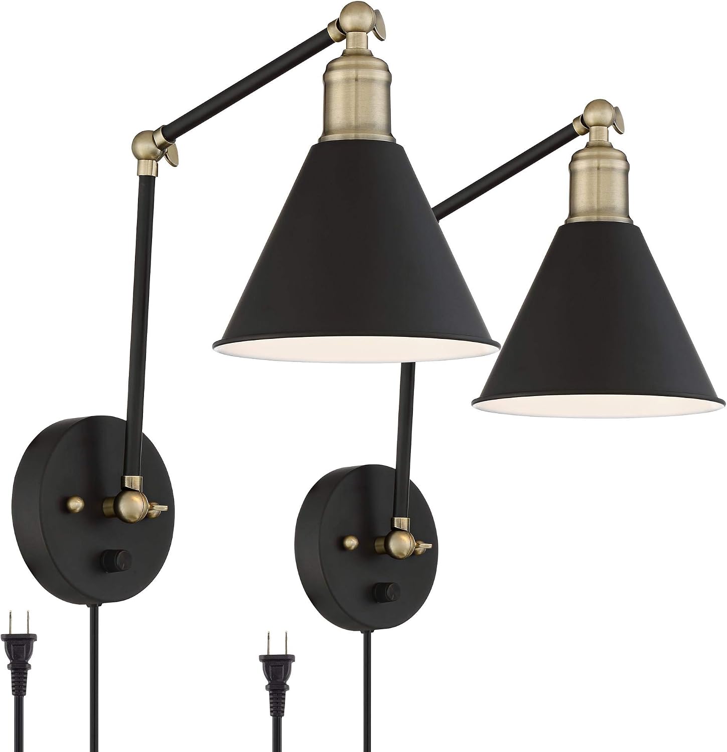 360 Lighting Wray Modern Indoor Adjustable Swing Arm Wall Lamp with Cord Set of 2 Black Antique Brass Plug-in Light Fixture Dimmable Metal Shade for Bedroom Bedside House Reading Living Room