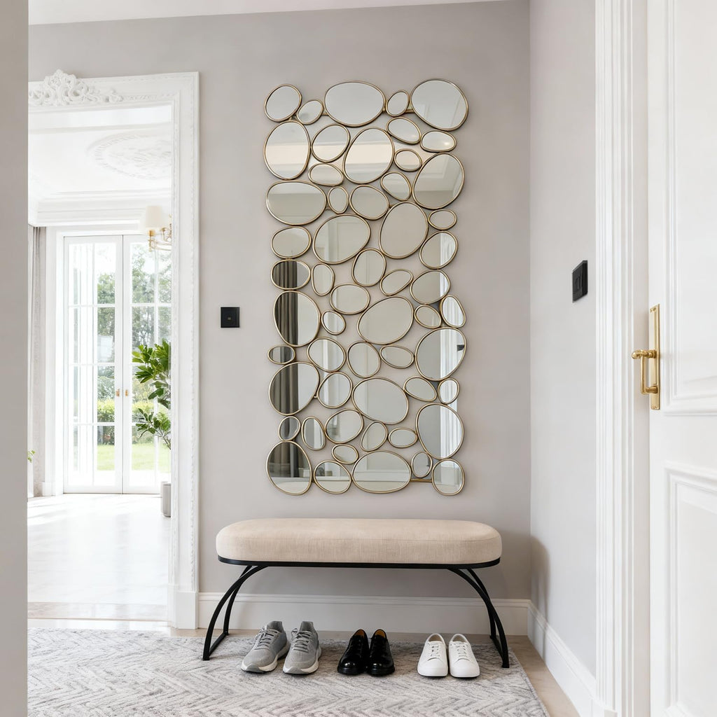 Gold Wall Mirrors Decorative - 51'x23' Large Modern Wall Mirror for Home Decor, 55 Pieces Multi-Size Pebble Design Metal Framed Accent Mirror for Entryway Bedroom Living Room Wall Art Decor