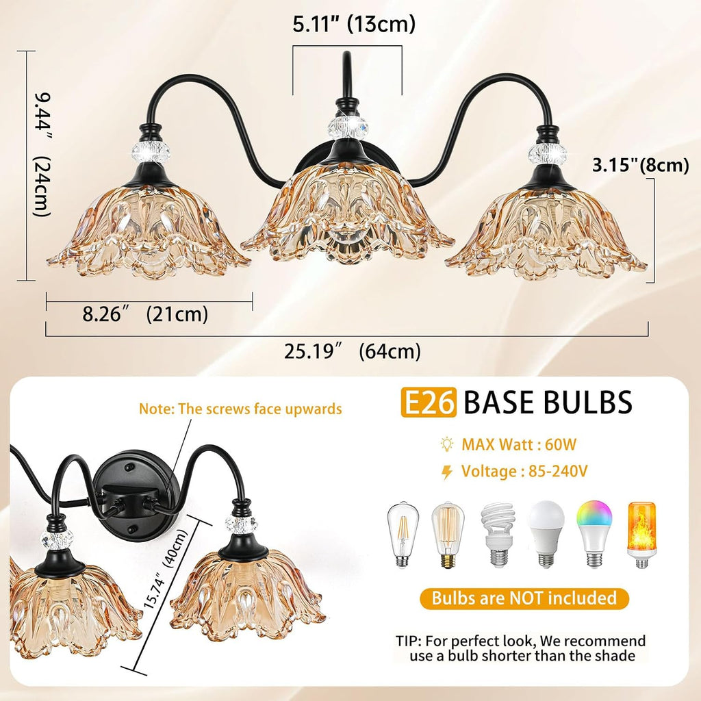 Black Bathroom Vanity Light,3-Light Vanity Light with Floral Amber Glass Shades,Vintage Farmhouse Wall Mount Lighting for Bathroom, Dressing Table