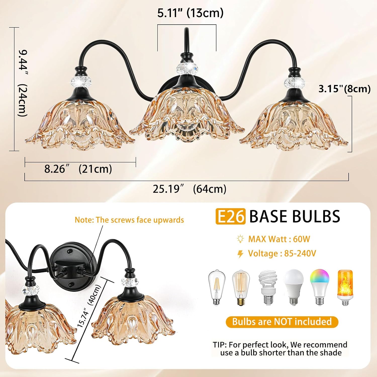 Black Bathroom Vanity Light,3-Light Vanity Light with Floral Amber Glass Shades,Vintage Farmhouse Wall Mount Lighting for Bathroom, Dressing Table