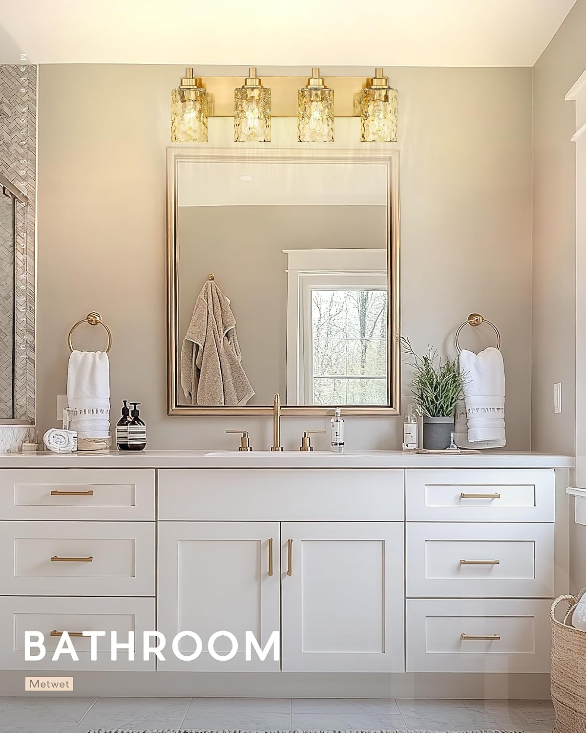 4-Light Bathroom Light Fixtures, 24.5 Inch Brushed Gold Vanity Lights with Clear Hammered Glass Cylinder Shade, Modern Vanity Lighting Fixture Over Mirror, VL198-BG-4