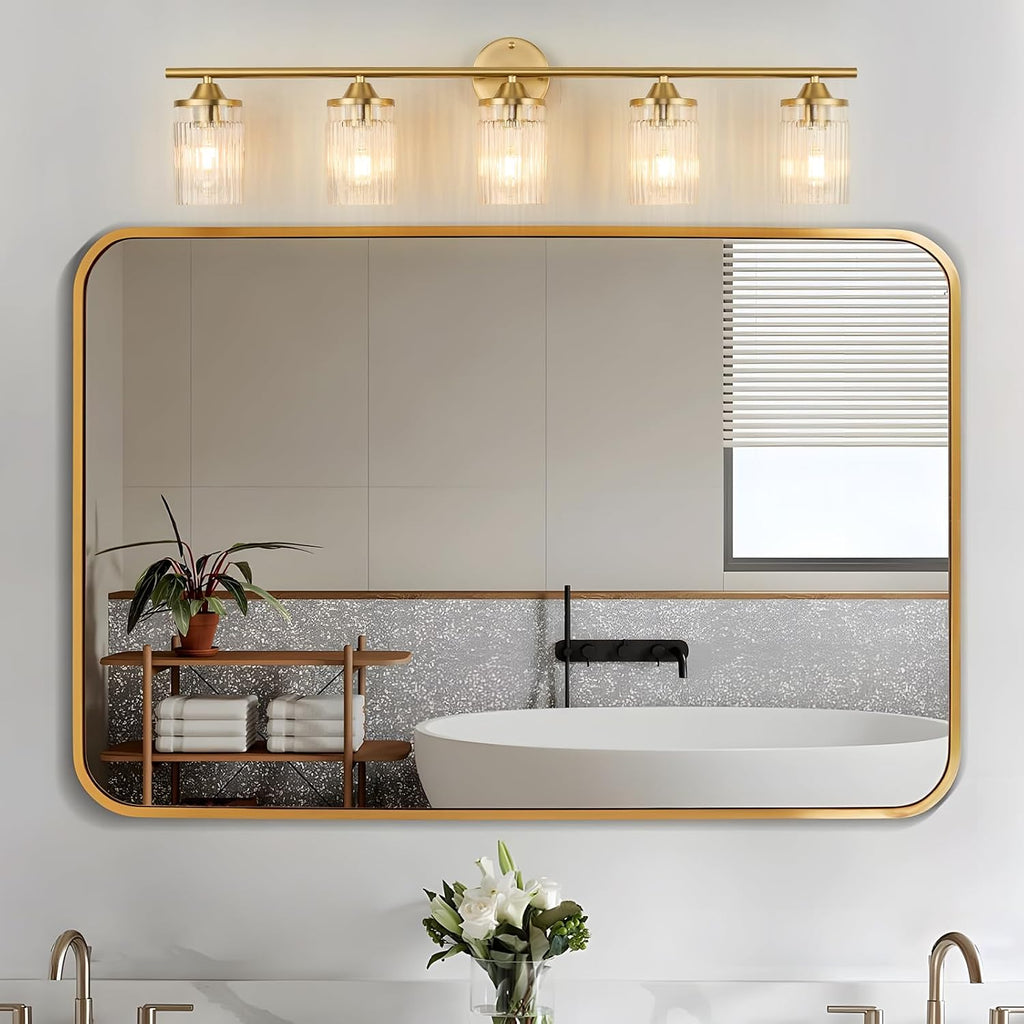 Jonsi Gold Bathroom Light Fixtures 5-Light Vanity Lights Modern Wall Sconce with Clear Glass Shade Brushed Brass Bathroom Light Fixture Over Mirror for Bedroom Hallway Kitchen