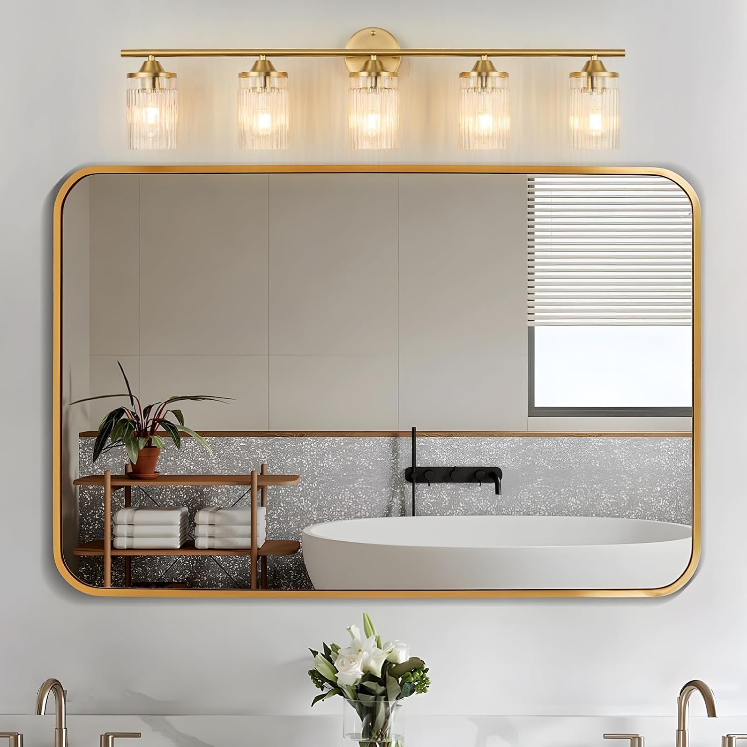 Jonsi Gold Bathroom Light Fixtures 5-Light Vanity Lights Modern Wall Sconce with Clear Glass Shade Brushed Brass Bathroom Light Fixture Over Mirror for Bedroom Hallway Kitchen
