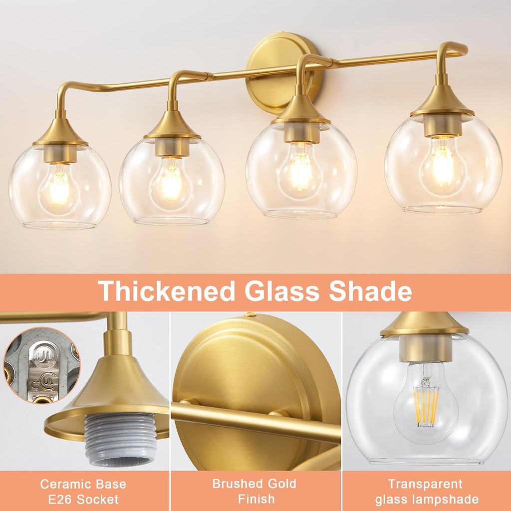 Bathroom Vanity Light Gold, 4 Light Bathroom Light Fixtures Over Mirror with Clear Glass Shade, 31 inch Vanity Lights for Bathroom Farmhouse (Exclude E26 Bulb)