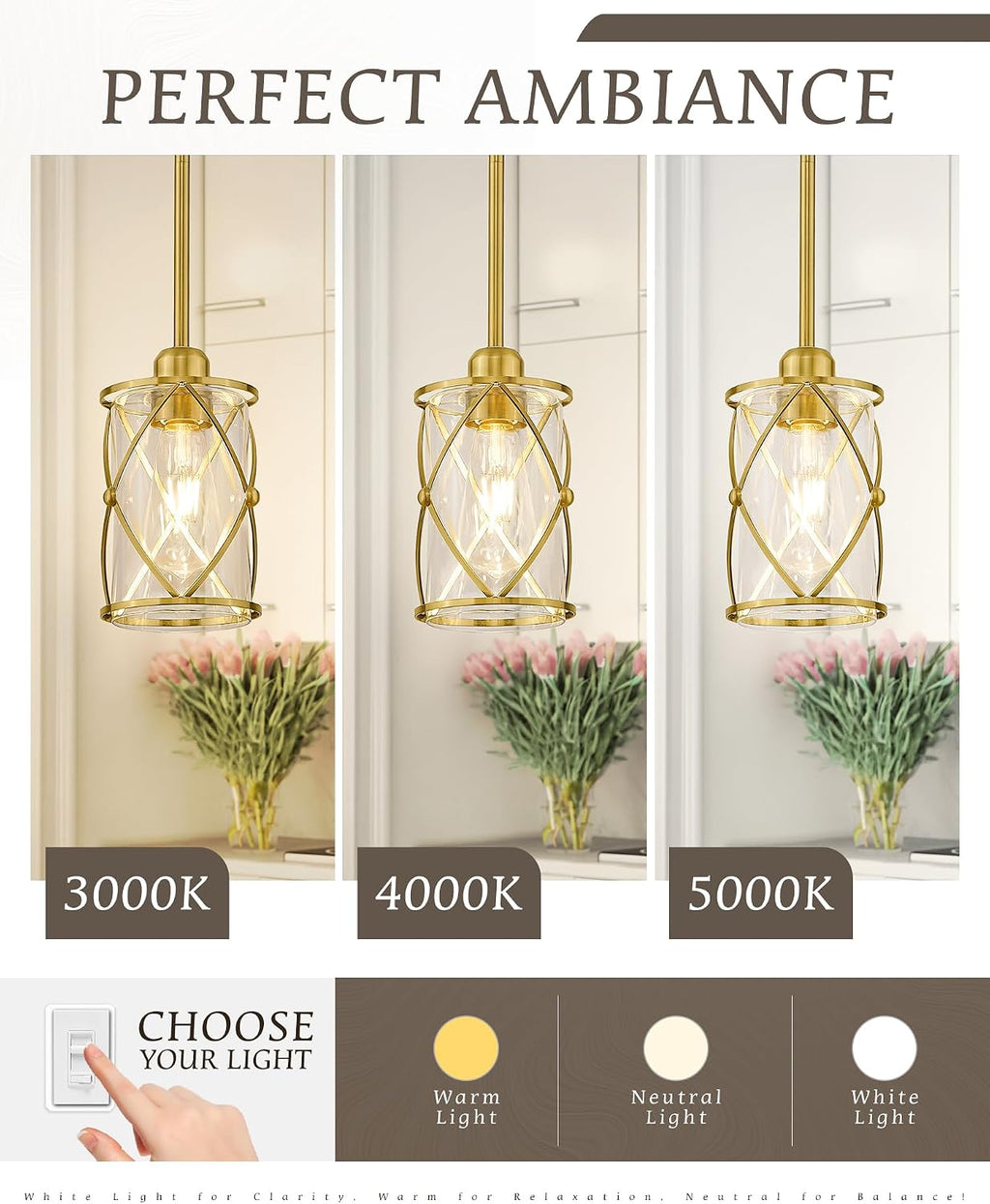 Brushed Gold Pendant Lights Kitchen Island 3 Pack, Glass Kitchen Pendant Lighting Over Island with Rod, Modern Mini Hanging Light for Kitchen Sink Dining Room, CH9176BG-3PK