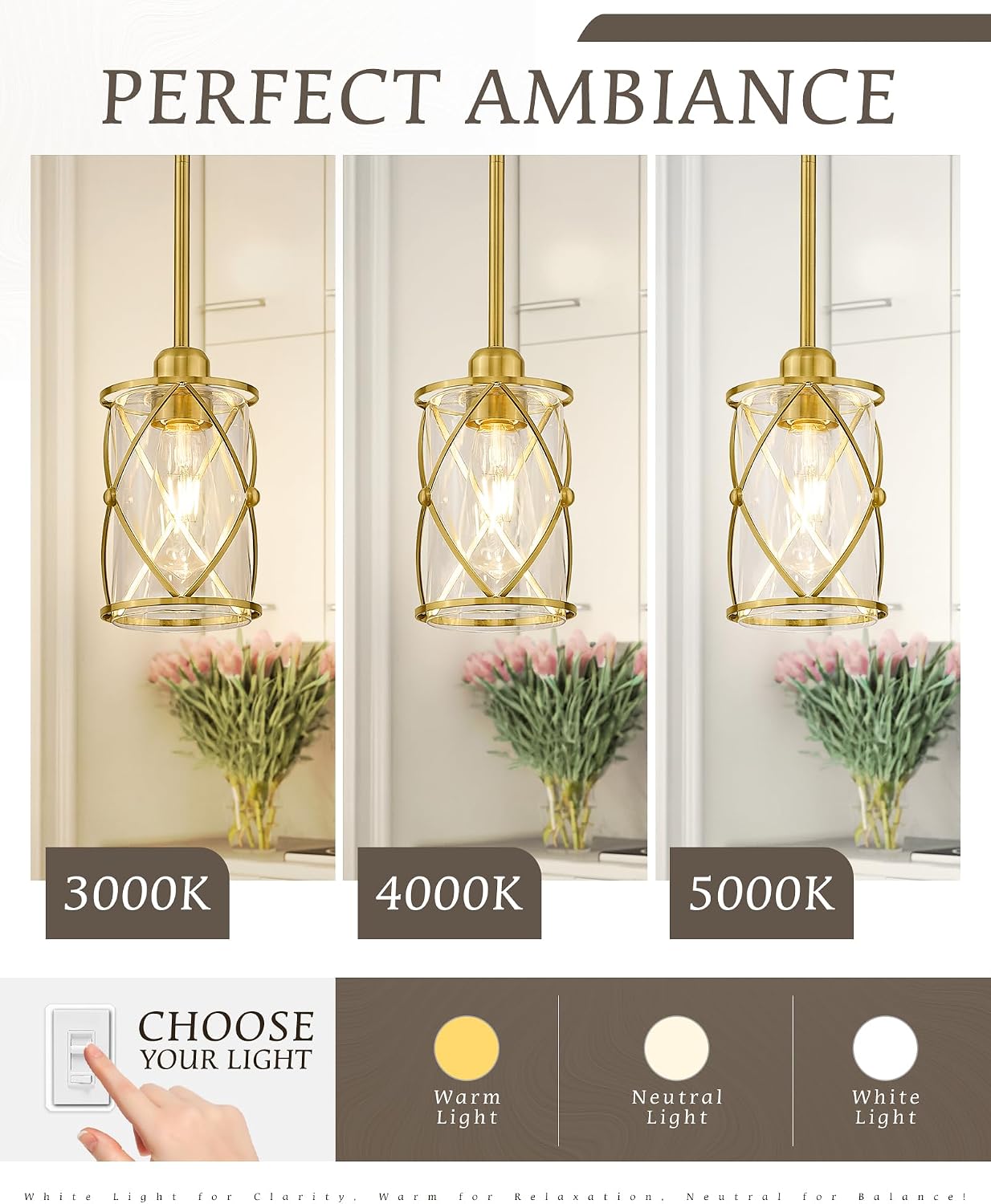 Brushed Gold Pendant Lights Kitchen Island 3 Pack, Glass Kitchen Pendant Lighting Over Island with Rod, Modern Mini Hanging Light for Kitchen Sink Dining Room, CH9176BG-3PK