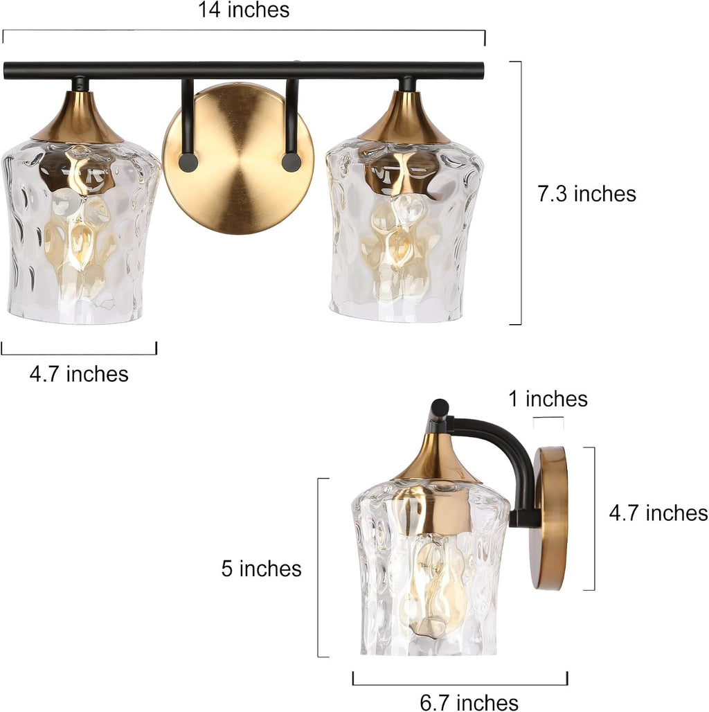 KSANA Bathroom Vanity Lights, 2-Light Black and Electroplated Brass Vanity Light Over Mirror Mid-Century Modern Bathroom Light Fixtures with Textured Glass, 14' L x 6.7' W x 7.3' H