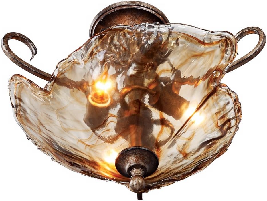 Franklin Iron Works Amber Scroll Rustic Ceiling Light Semi Flush Mount Fixture Golden Bronze 20 1/4' Wide Art Glass for Cottage Core Bedroom Kitchen Living Room Hallway Bathroom (Colors May Vary)