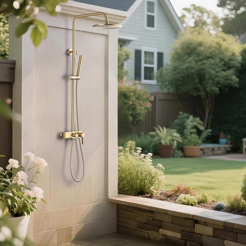 Brushed Gold Exposed Shower System with 2 Modes HandHeld,3 Functions Tub Shower Faucet Sets with Brass Valve, Shower Fixture with 10 Inches Rainfull Shower Head,Shower Height Adjustable