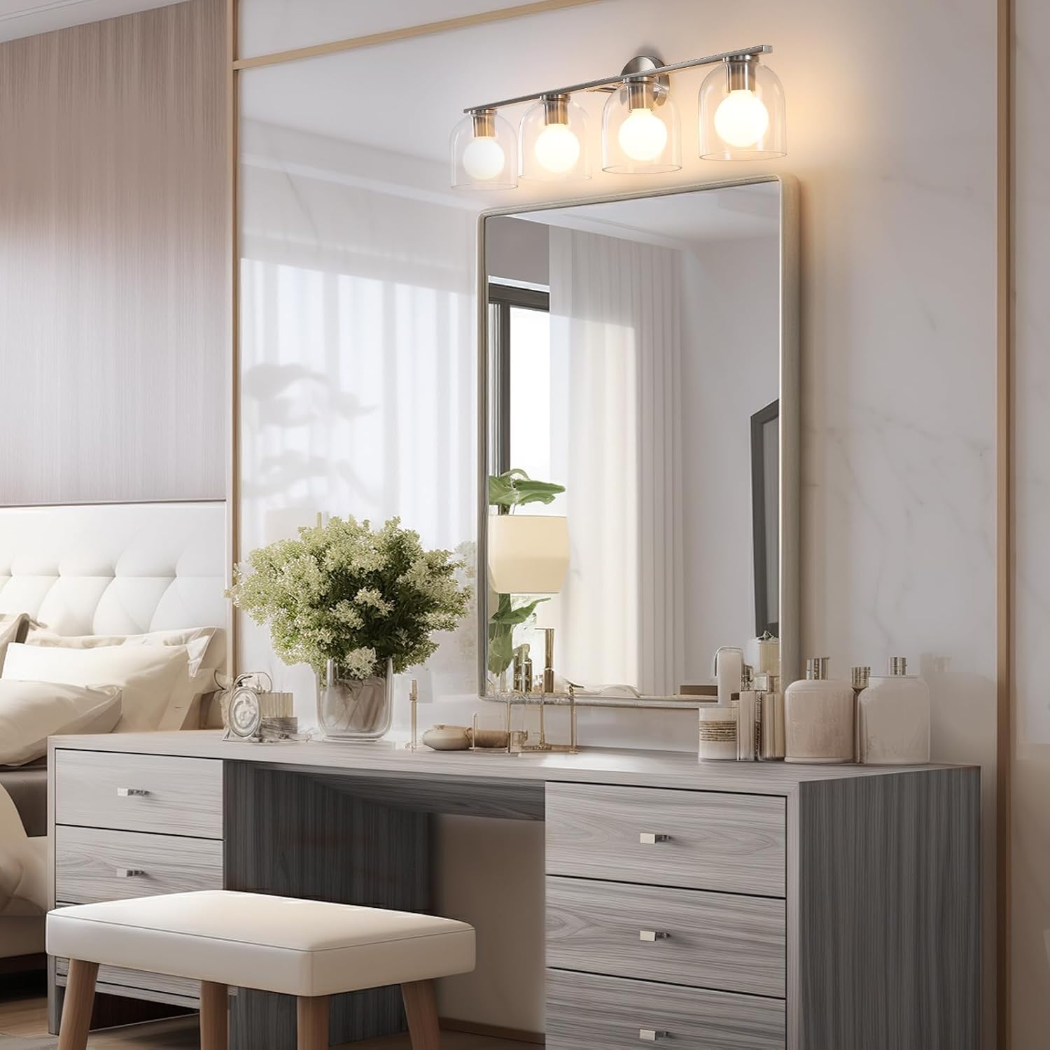 WOSHITU Bathroom Vanity Light Fixtures: 32.3 Inch Modern Brushed Nickel Bathroom Vanity Lights Over Mirror with Clear Glass Shade, 4-Light Bathroom Light Fixture Wall Lights Over Mirror