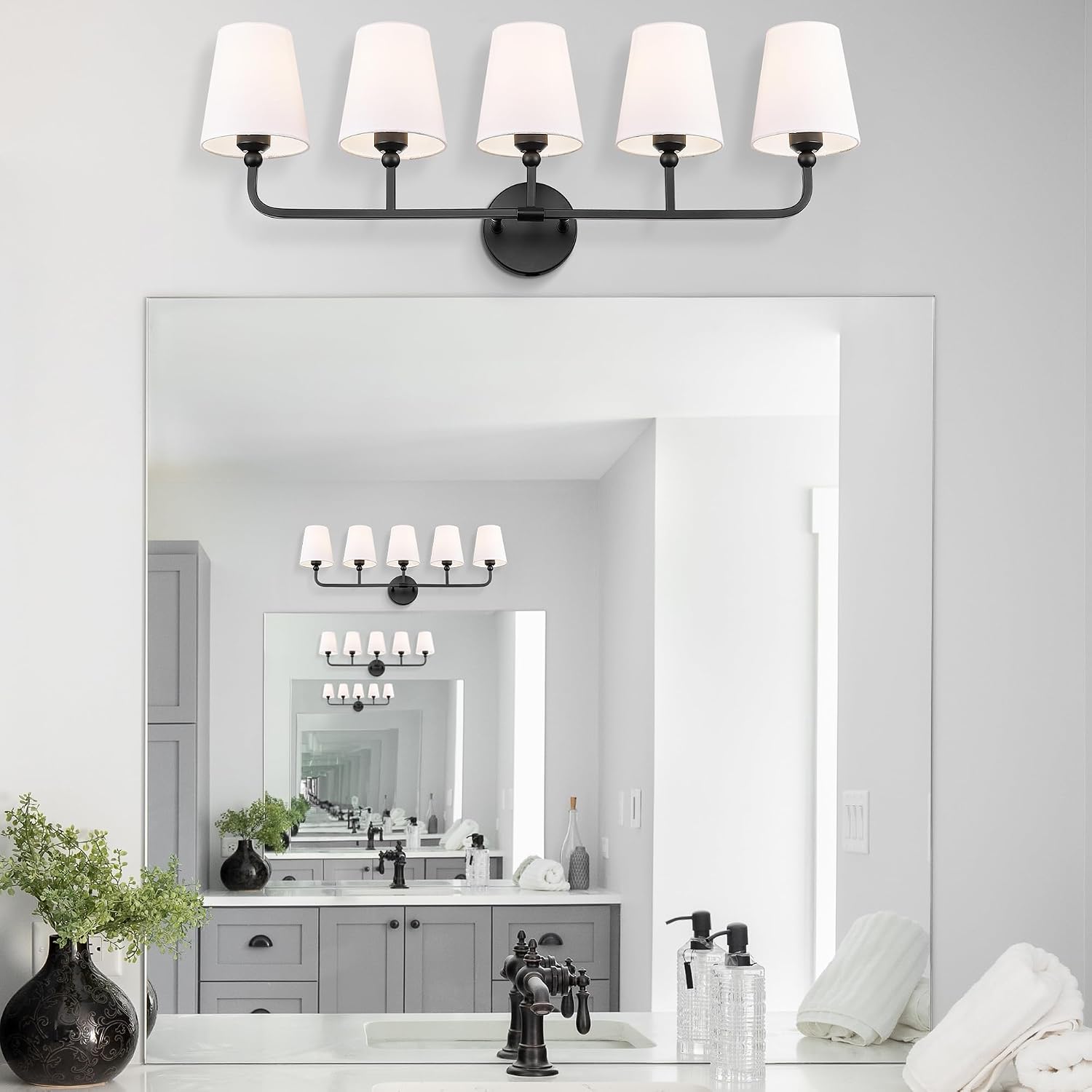 Bathroom Light Fixtures, 5 Light Matte Black Vanity Lights with Flared White Fabric Shade, 35 Inch Wall Sconce, Modern Sconces Wall Lighting for Hallway Bedroom, VL837-MB-5
