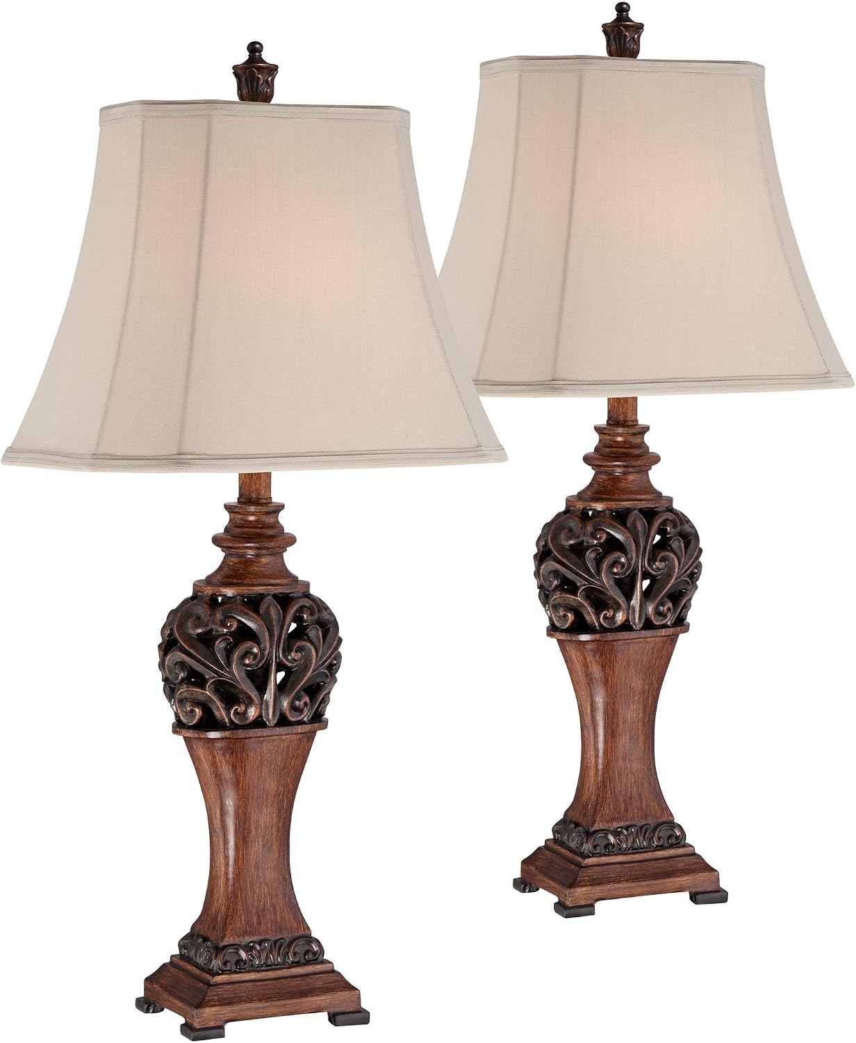 Regency Hill Exeter Traditional 3-Way Table Lamps 30' Tall Set of 2 with Table Top Dimmers Bronze Wood Carved Leaf Creme Rectangular Shade for Cottage Core Living Room Bedroom House Nightstand