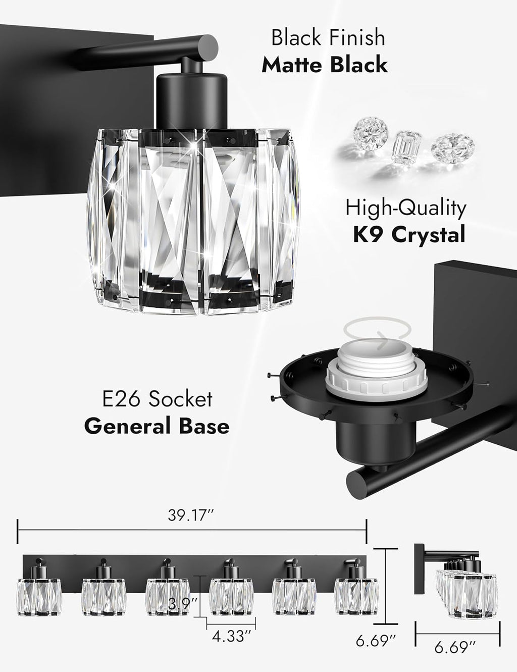 VOLISUN Crystal Vanity Lights for Bathrooms, 6 Light Bathroom Vanity Light, Modern Matte Black Bathroom Light Over Mirror, Black Bathrooms Lights Fixtures-UL Certificated(Exclude Bulb)