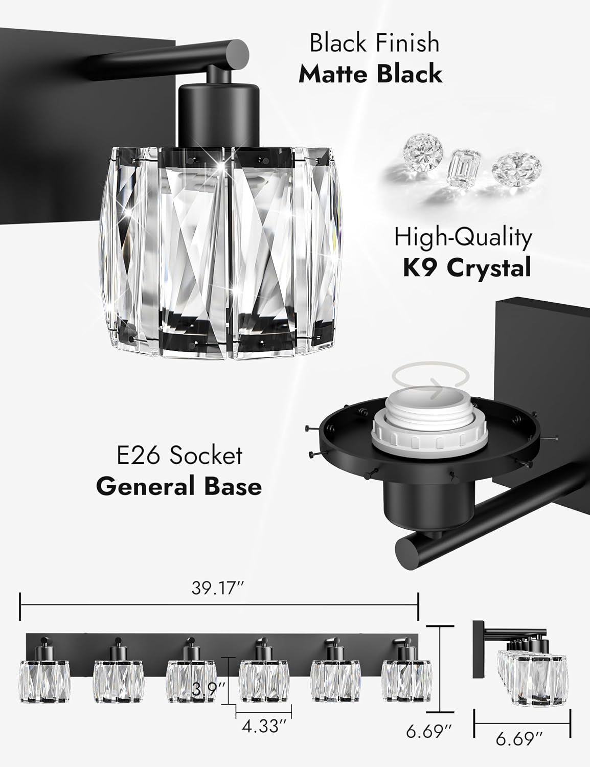 VOLISUN Crystal Vanity Lights for Bathrooms, 6 Light Bathroom Vanity Light, Modern Matte Black Bathroom Light Over Mirror, Black Bathrooms Lights Fixtures-UL Certificated(Exclude Bulb)
