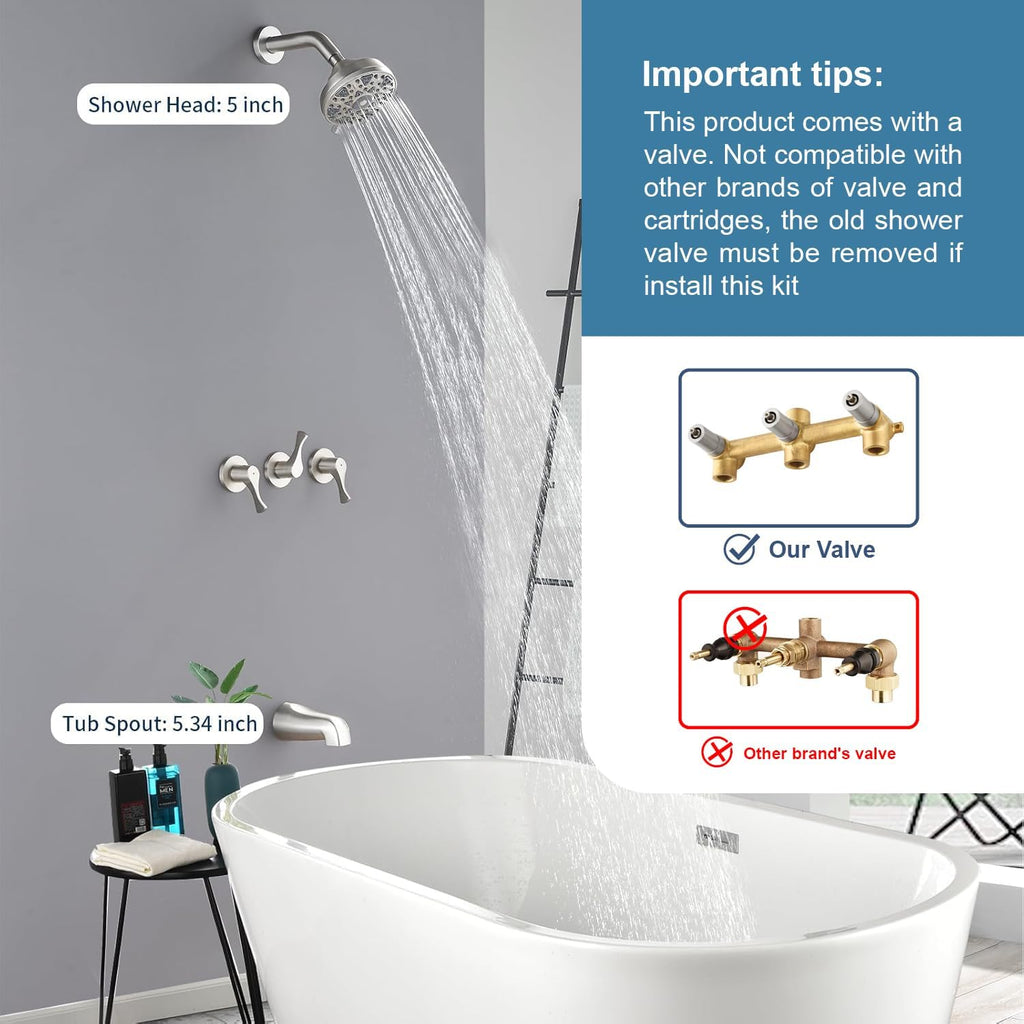 3 Handles Shower Faucet Set with Tub Spout Bathtub Shower Faucets Combo Set Shower System Complete Tub and Shower Trim Kit Brushed Nickel Shower Fixtures Brushed Nickel Shower Set