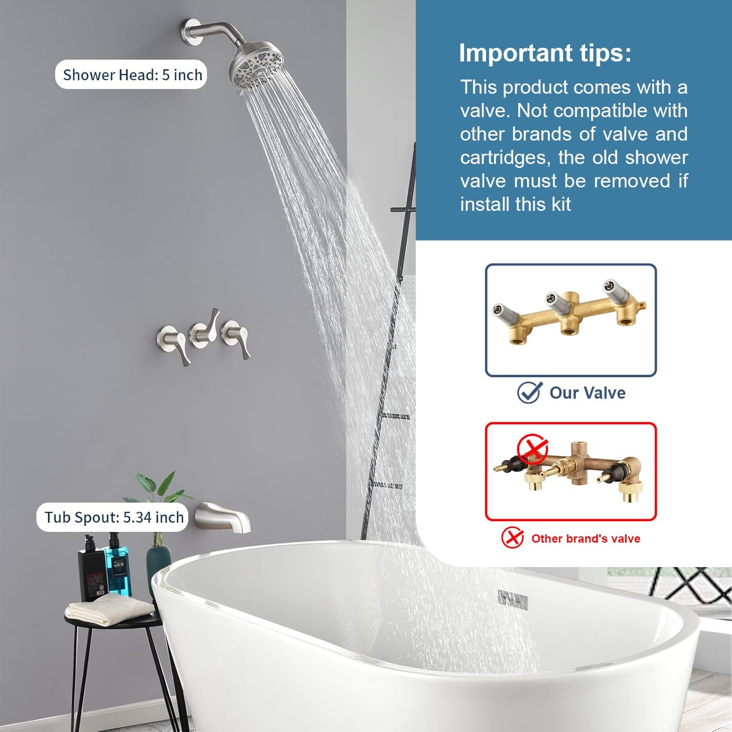 3 Handles Shower Faucet Set with Tub Spout Bathtub Shower Faucets Combo Set Shower System Complete Tub and Shower Trim Kit Brushed Nickel Shower Fixtures Brushed Nickel Shower Set