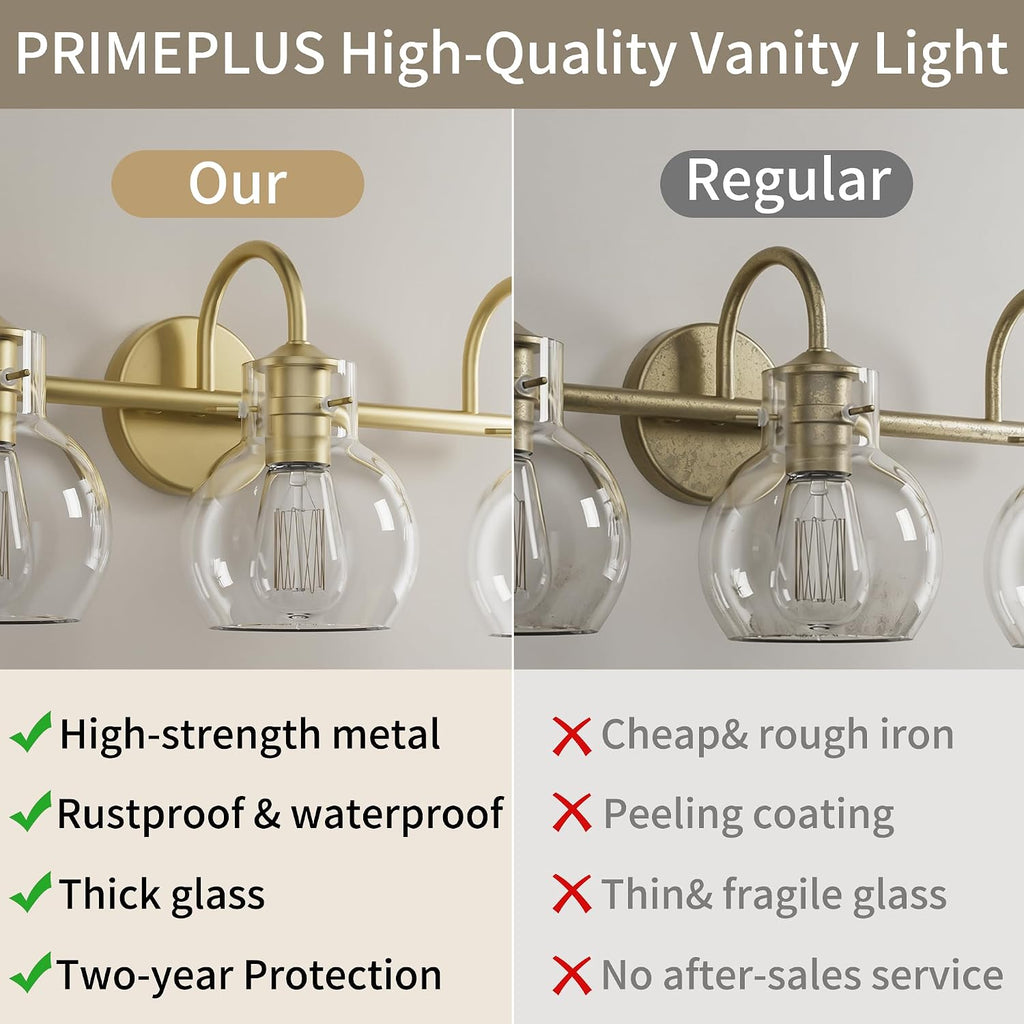 4-Light Gold Bathroom Vanity Light Fixtures, 24 Inch Over Mirror with Clear Glass Shade Wall Mounted Sconces for Bathroom, Living Room, Hallway, E26 Base