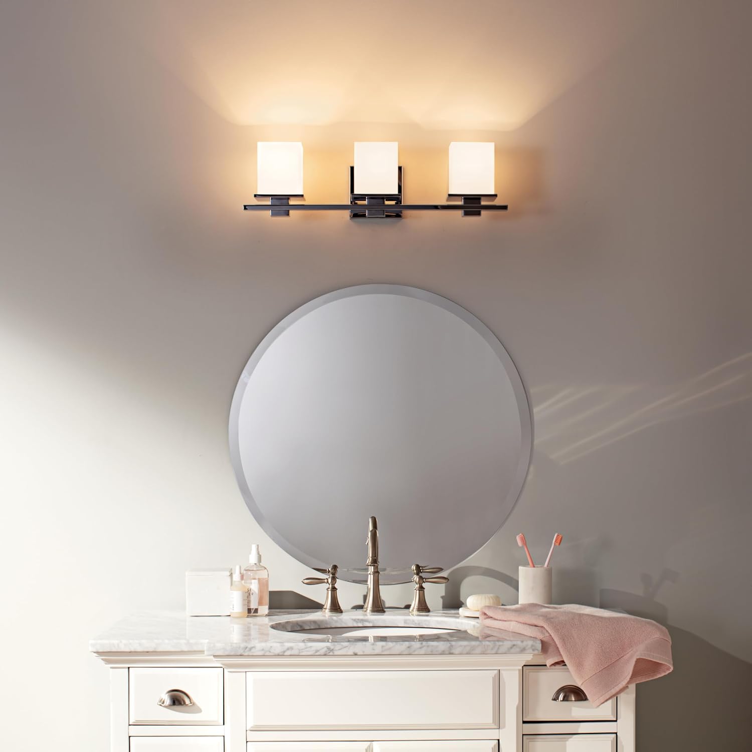 Kichler Tully 24' Vanity Light in Chrome, 3-Light Modern Bathroom Light with Satin Etched Cased Opal Glass, (24' W x 6.5' H), 45151CH