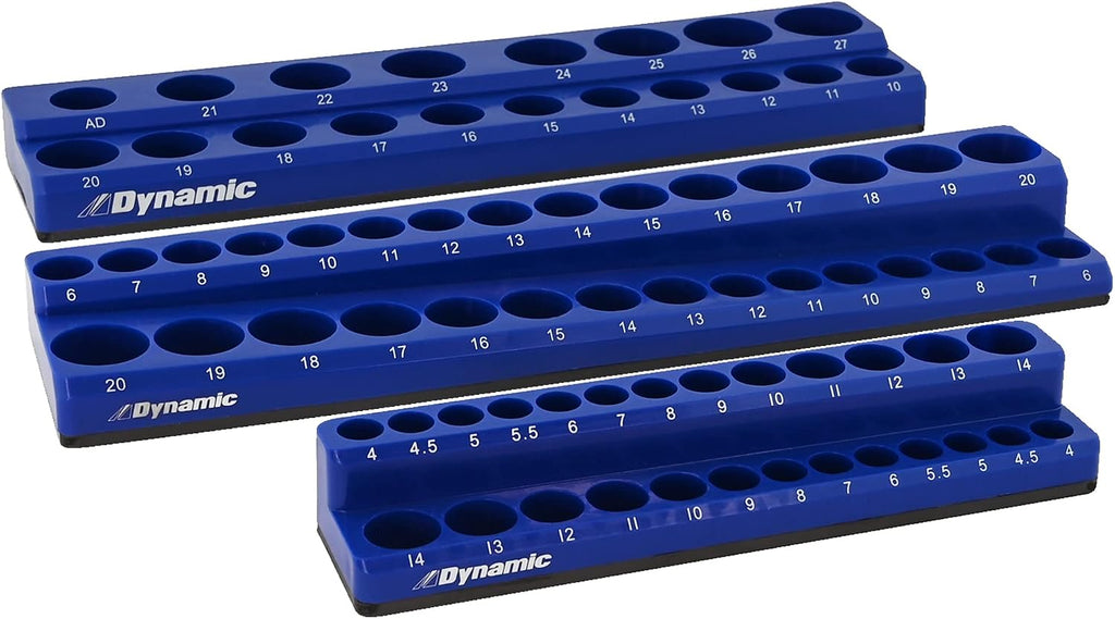 Dynamic 3 Piece Magnetic Socket Organizer Sets, 1/4', 3/8' and 1/2' Drive, SAE and Metric, Quality Tool Box Organizer (3 Pc. Metric Set, Holds 75 Sockets)