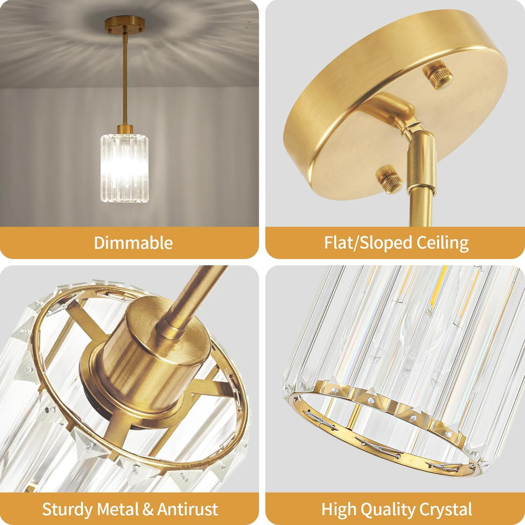 3 Pack Brushed Brass Pendant Lights Kitchen Island, Crystal Pendant Lighting Over Island Hanging Kitchen Lighting Fixtures Hallway Ceiling Lights Modern Pendant Light for Dining Room Bathroom Foyer