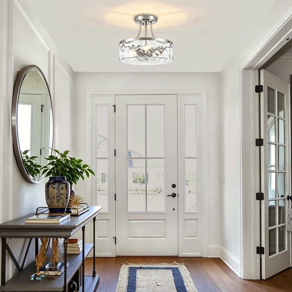 TOULMJ Brushed Nickel Semi Flush Mount Ceiling Light, 3-Light Modern Hammered Glass Kitchen Lighting Fixture for Hallway Entryway Bathroom Bedroom Laundry Dining Room