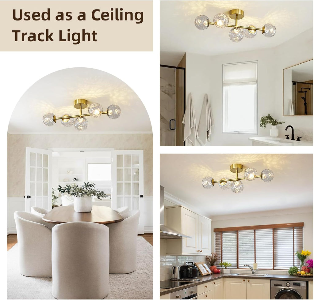 LED Bathroom Vanity Light Fixtures: 3000K Modern Gold Brush Brass 5 Lights Wall Sconce - 20W Dimmable Midcentury Vanity Light with Hammered Clear Globe Bubble Glass Shade for Bathroom Hallway Bedroom
