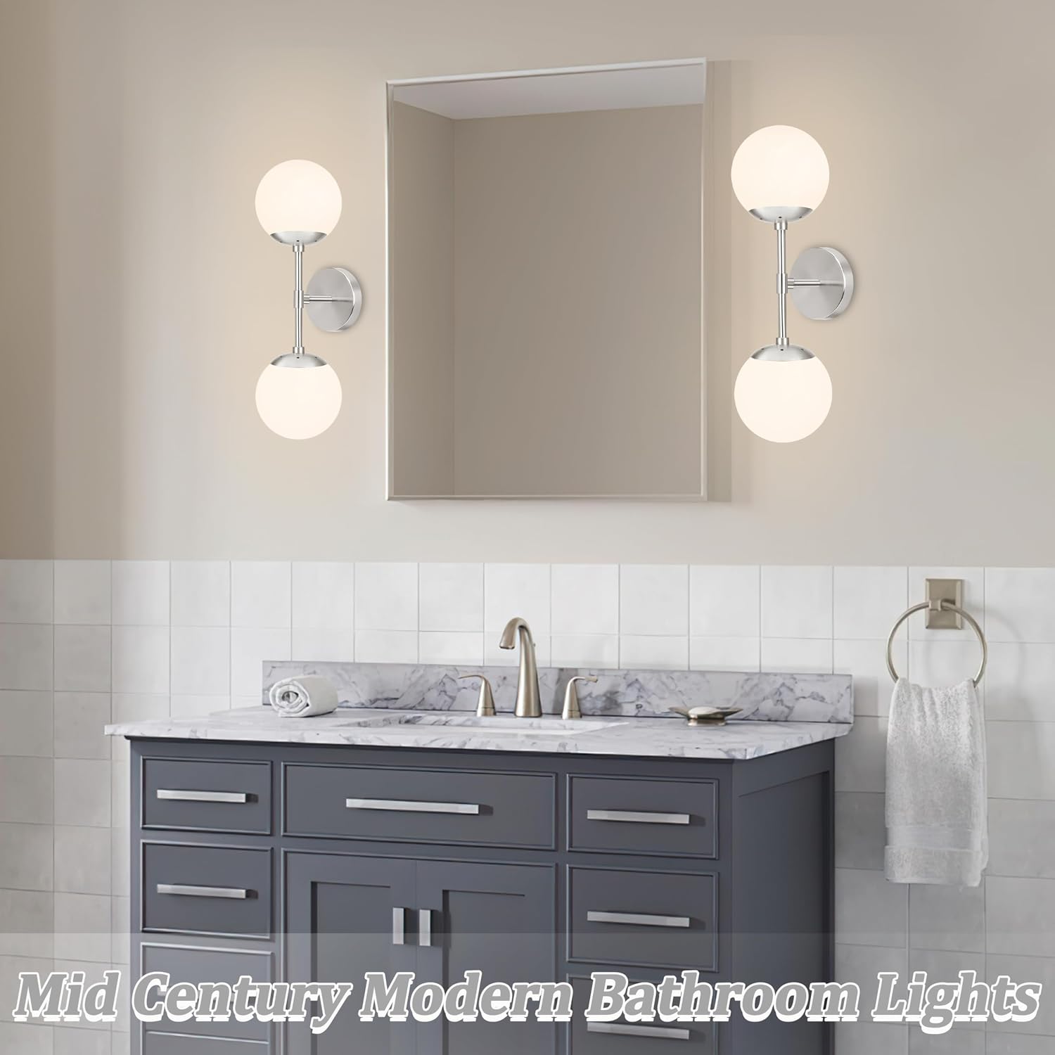 KoKo&Yukina Nickel 2 Pack Vanity Light Fixtures Mid Century Modern Bathroom Vanity Light Globe Sconce with Milky White Glass for Bathroom Bedroom