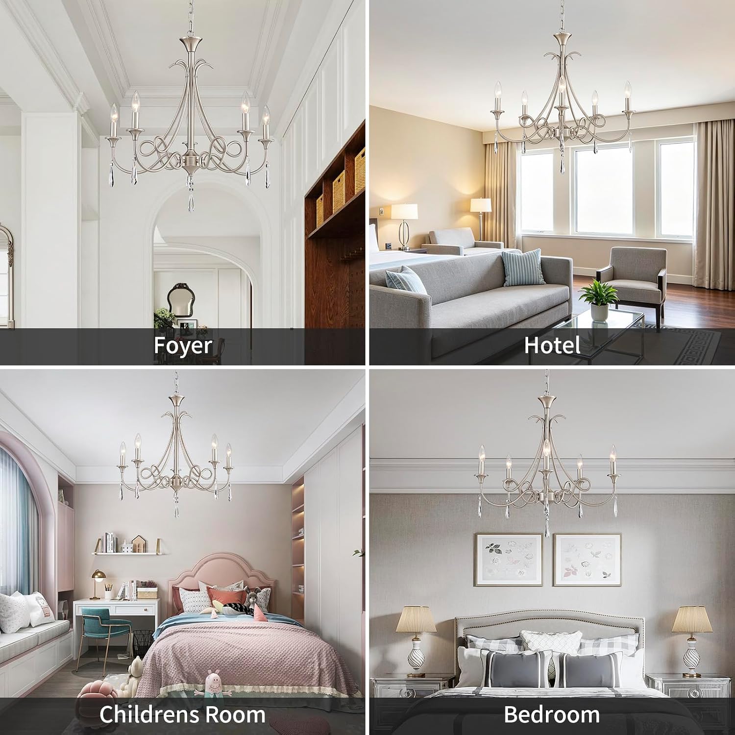 5-Light Farmhouse Chandeliers for Dining Room Lighting Fixtures Hanging, Rustic Candle Modern Chandelier Vintage Hanging Ceiling Lamp for Bedroom Kitchen Island Living Room Entryway Foyer, Nickel