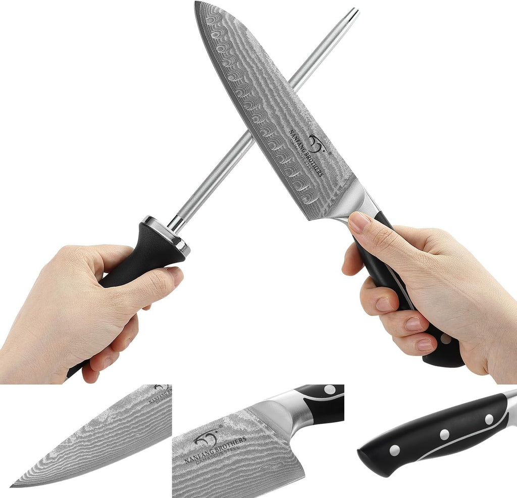 Damascus Kitchen Knife Sets, 9 Pieces Kitchen Knives Set with Block, ABS Ergonomic Handle for Chef Knife Set, Knife Sharpener and Kitchen Shears, Knife Block Set