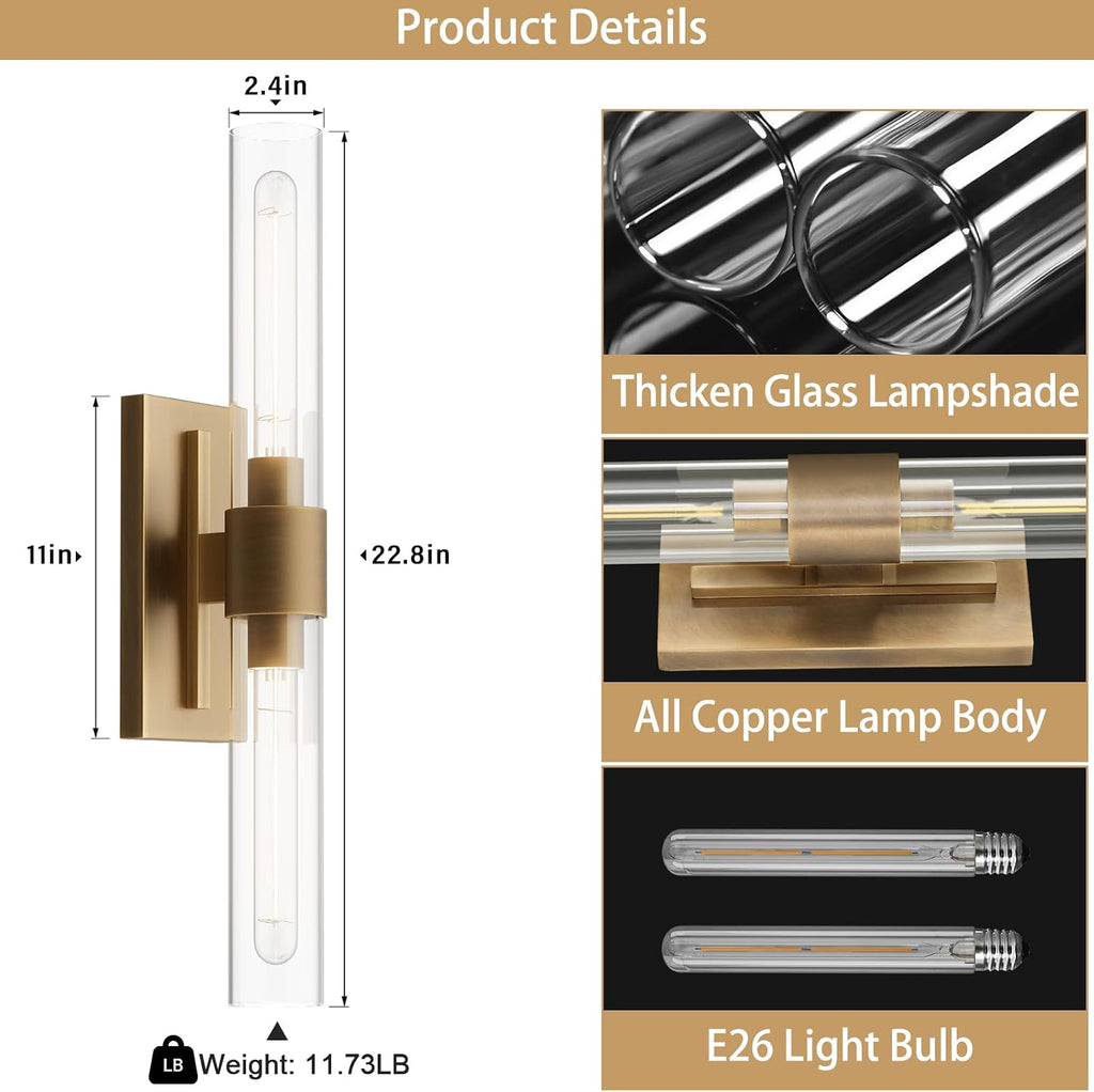 Gold Wall Sconces Set of Two, Brass 22.8' Sconces Wall Lighting,Bathroom Vanity Lights with Clear Glass Shade for Mirror, Living Room, Bedroom, Hallway, Fireplace, Staircase（Including Bulb）