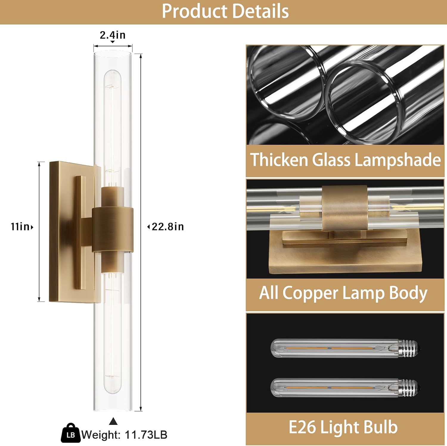 Gold Wall Sconces Set of Two, Brass 22.8' Sconces Wall Lighting,Bathroom Vanity Lights with Clear Glass Shade for Mirror, Living Room, Bedroom, Hallway, Fireplace, Staircase（Including Bulb）