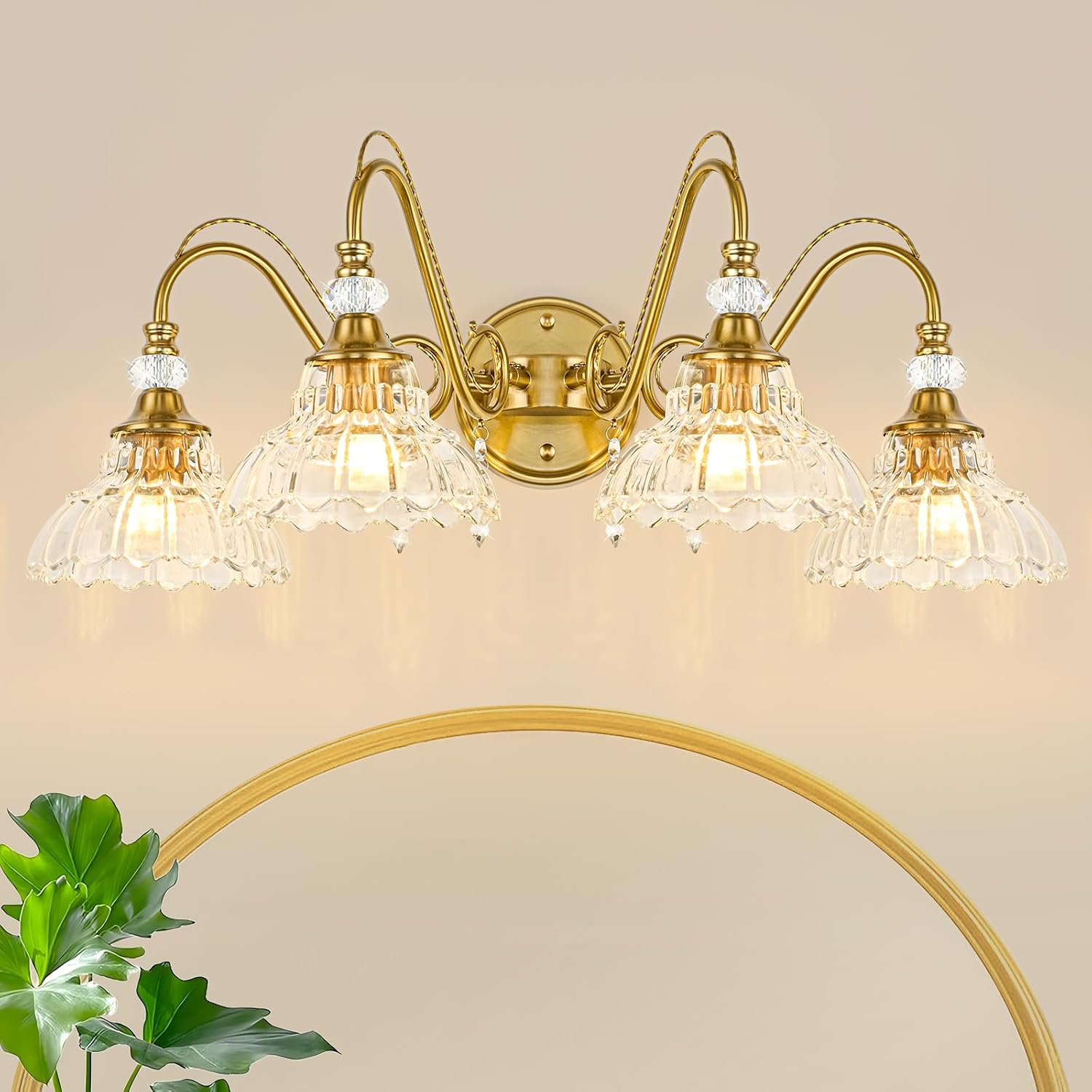 Vintage Bathroom Vanity Light, 4-Light Brushed Gold Finish Wall Sconce with Hanging Crystal Accents and Flower-Shaped Clear Glass Shades, Retro Wall Mount Vanity Light Over Mirror for Bathroom