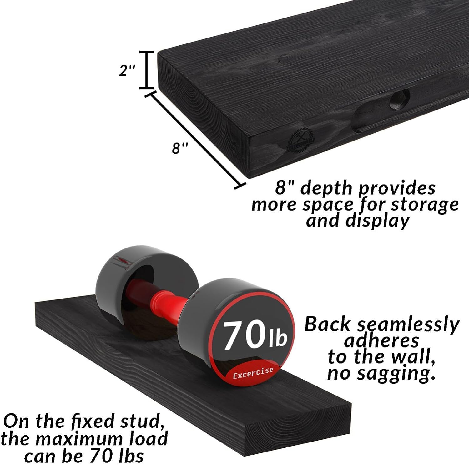 Wood Floating Shelves Set of 2, 36 Inch Long, 8 Inch Deep Solid Wood Wall Mounted Shelves for Living Room Kitchen, Book Shelf for Wall with Hidden Bracket - Black