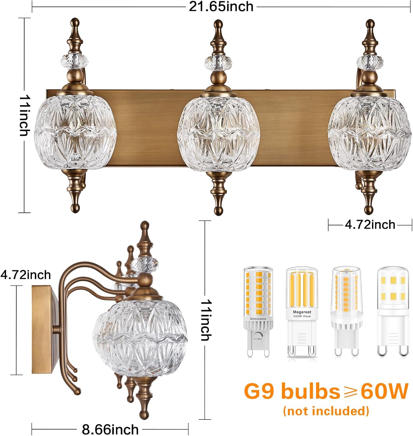 Vintage Bathroom Vanity Light Fixtures, 3 Lights Bathroom Wall Sconce Lighting Matte Brushed Antique Brass Finish with Crystal Glass Shade, Vintage Vanity Light for Bathroom Bedroom