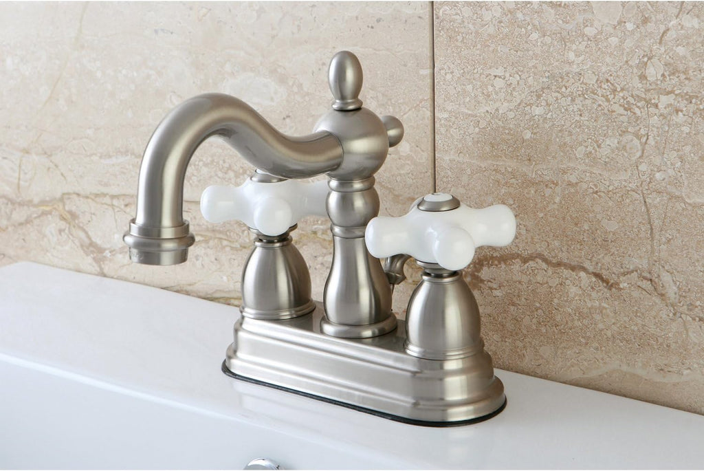 Kingston Brass KB1608PX Heritage 4-Inch Centerset Lavatory Faucet with Porcelain Cross Handle, Brushed Nickel