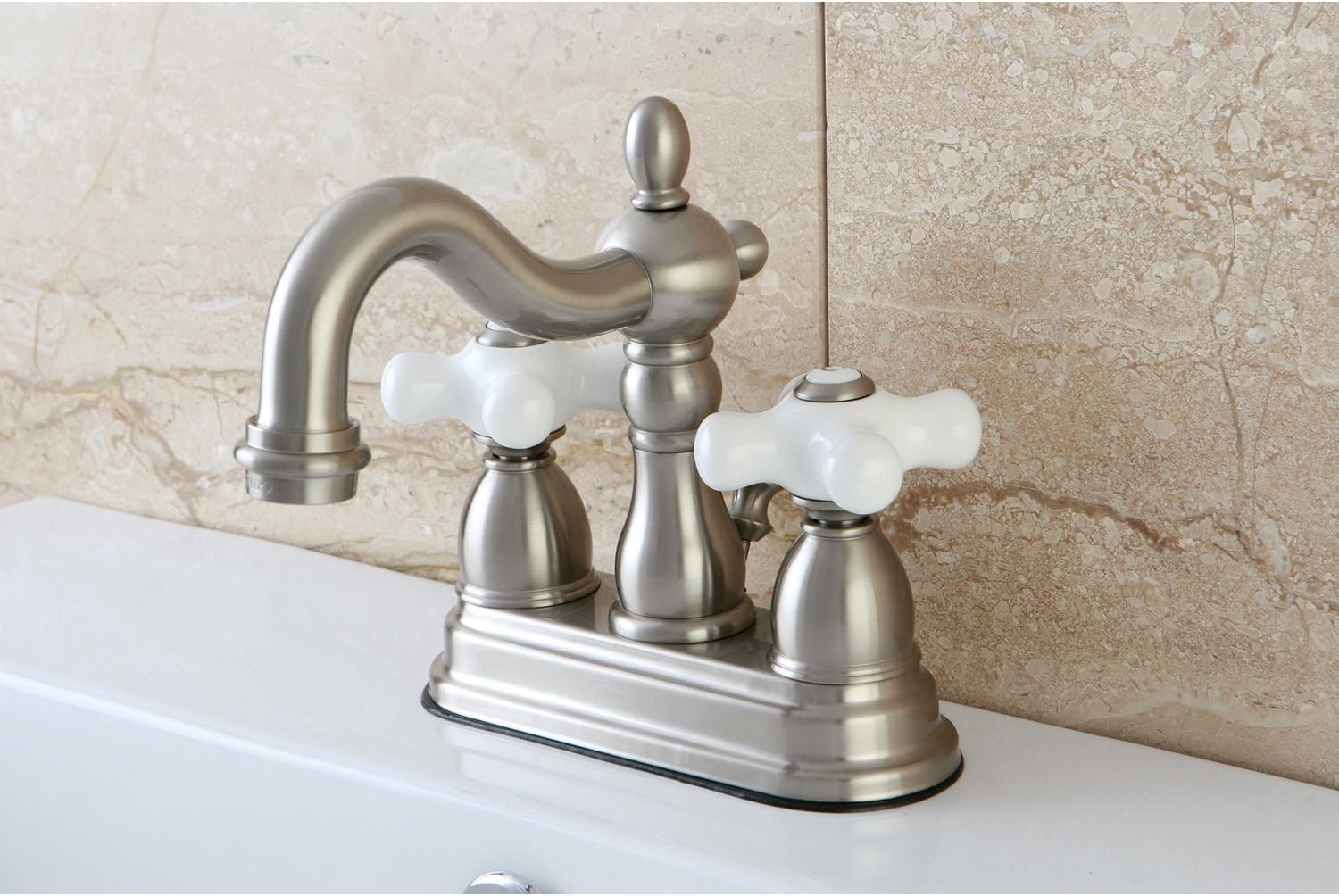 Kingston Brass KB1608PX Heritage 4-Inch Centerset Lavatory Faucet with Porcelain Cross Handle, Brushed Nickel