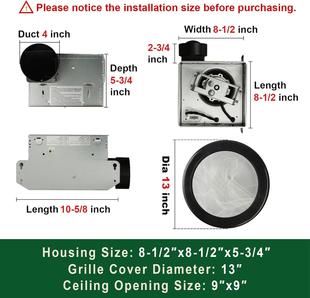 Akicon Ultra Quiet Bathroom Exhaust Fan with LED Light 80CFM 2.0 Sones Round Bathroom Ventilation Fan with Frosted Glass Cover Matte Black Finish (Matte Black)