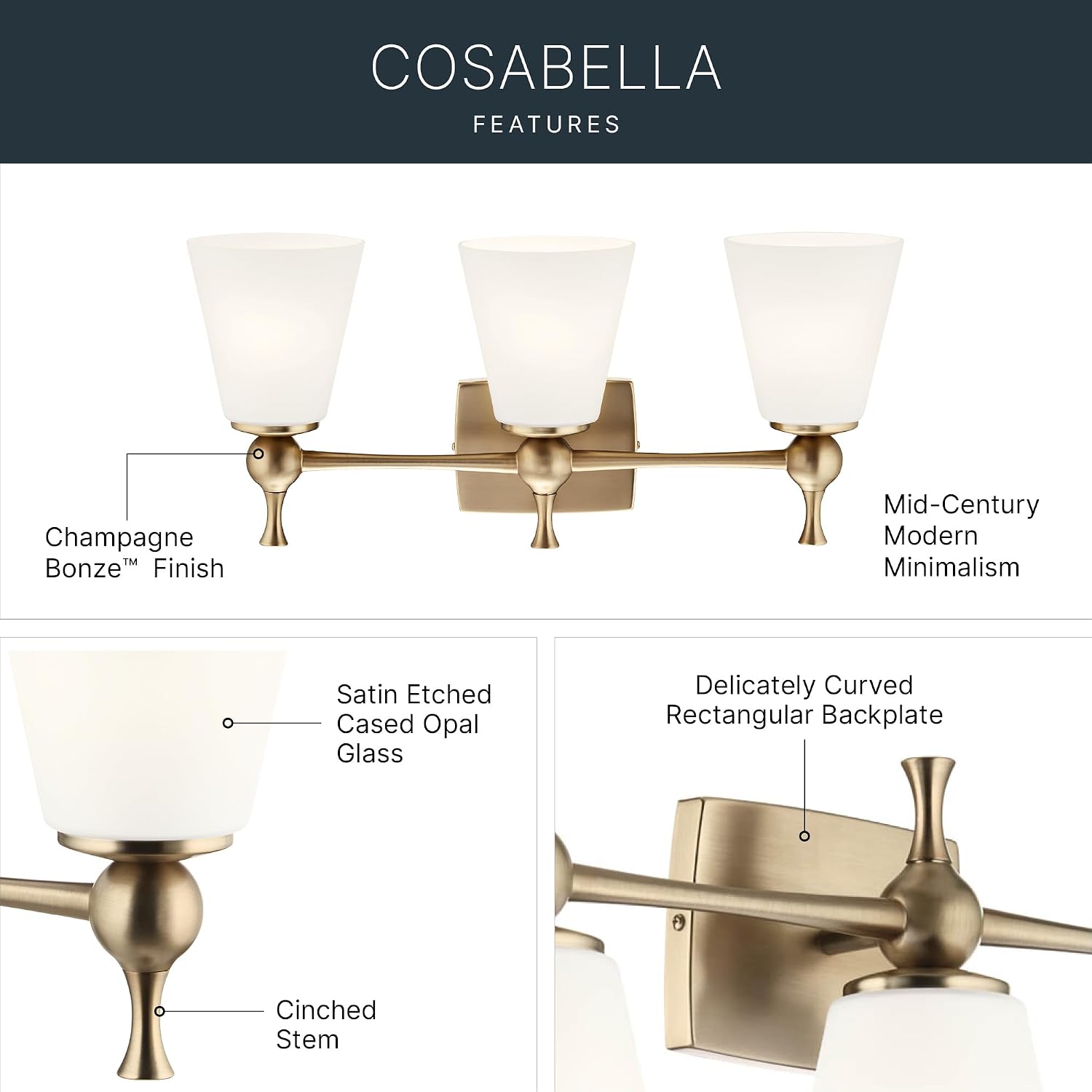 Kichler Cosabella 3-Light 24' Bathroom Vanity Light Fixture with Satin Etched Cased Opal Glass Shades in Champagne Bronze for Modern Bathrooms and Powder Rooms, 55092CPZ