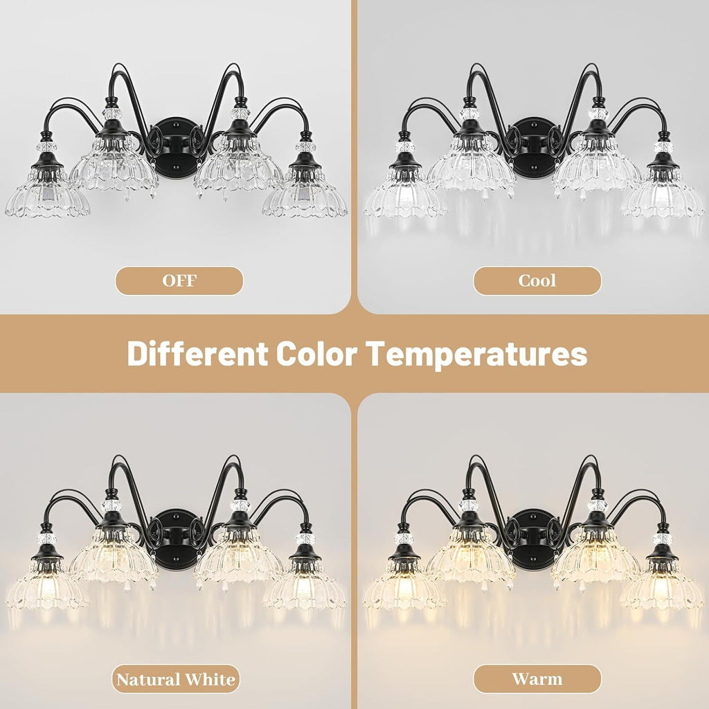 Black Bathroom Vanity Light, 4-Light Matte Black Finish Farmhouse Wall Sconce with Hanging Crystal Accents and Flower-Shaped Clear Glass Shades, Retro Wall Mount Vanity Light Over Mirror for Bathroom