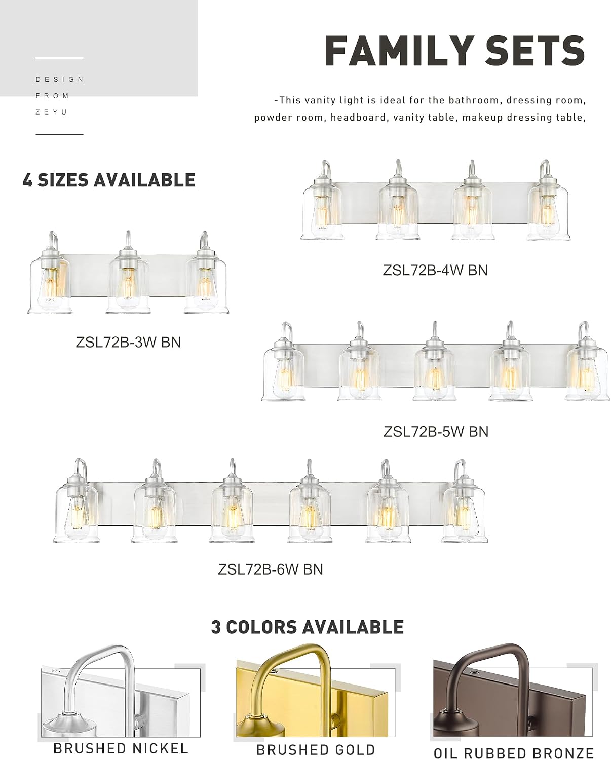 zeyu 36 Inch Farmhouse Modern Bathroom Lighting Fixture, 5-Light Bathroom Vanity Light, Brushed Nickel Finish with Clear Glass Shade, ZSL72B-5W BN