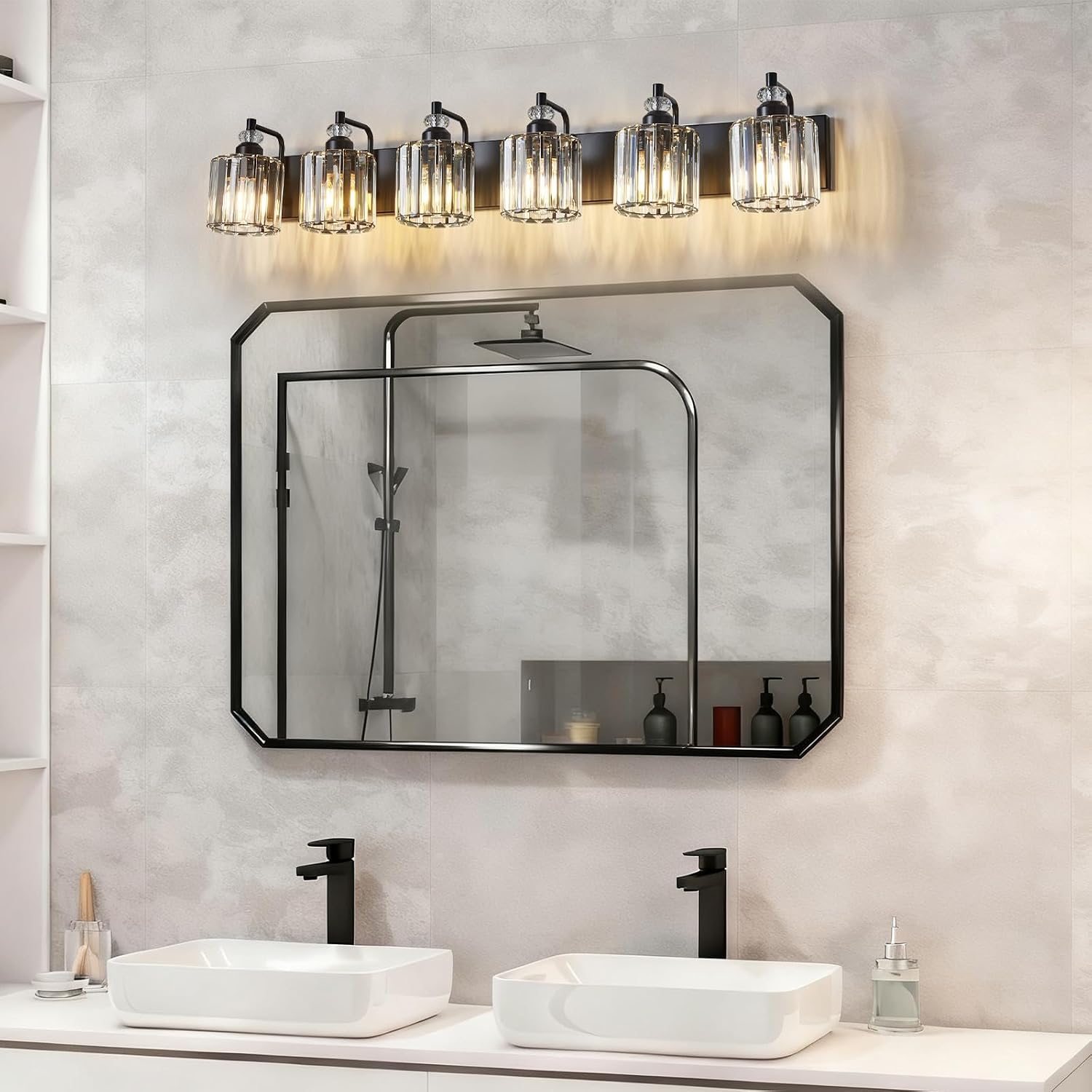 6-Light Black Bathroom Light Fixtures Over Mirror Modern Vanity Lights Crystal Wall Sconce Vintage Bathroom Lighting with Crystal Shade E26 Base for Bedroom, Living Room, Hallway